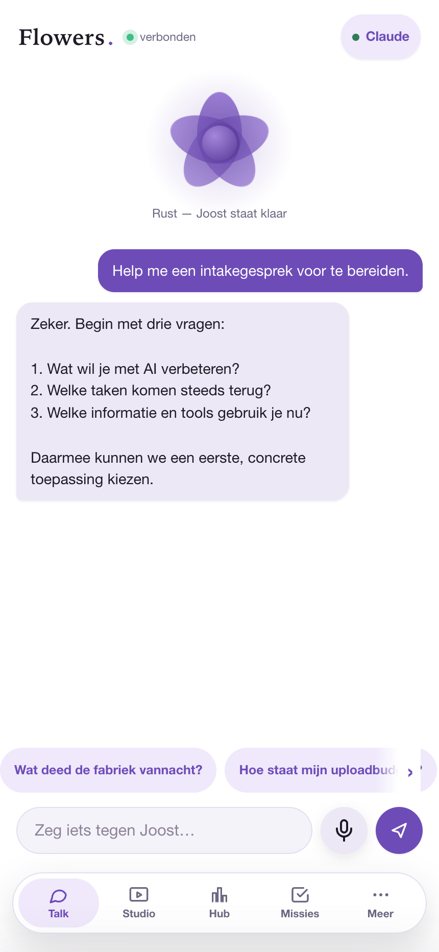 Het vernieuwde gespreksscherm van Flowers, de mobiele interface voor Joost.